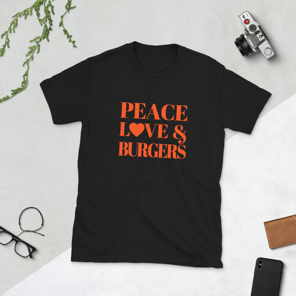 "Peace, Love & Burgers" Short-Sleeve Unisex T-Shirt