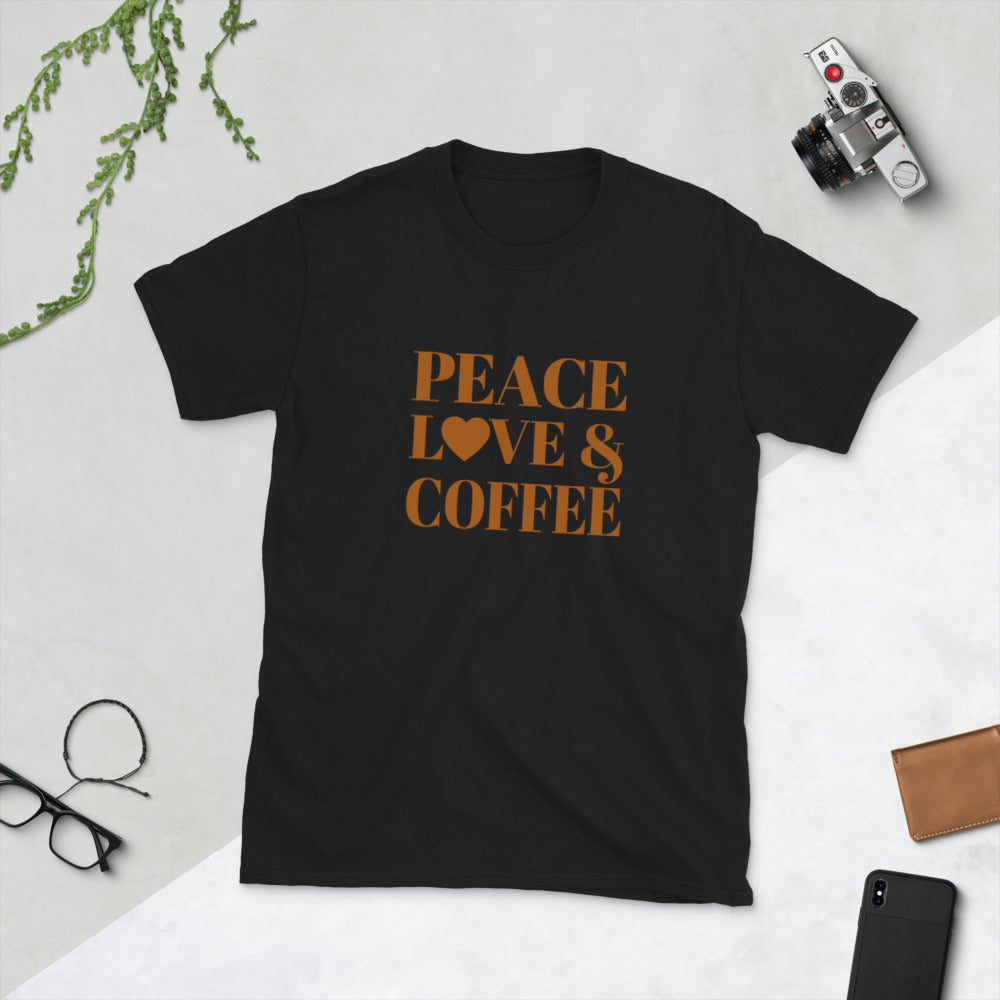 "Peace, Love & Coffee" Short-Sleeve Unisex T-Shirt