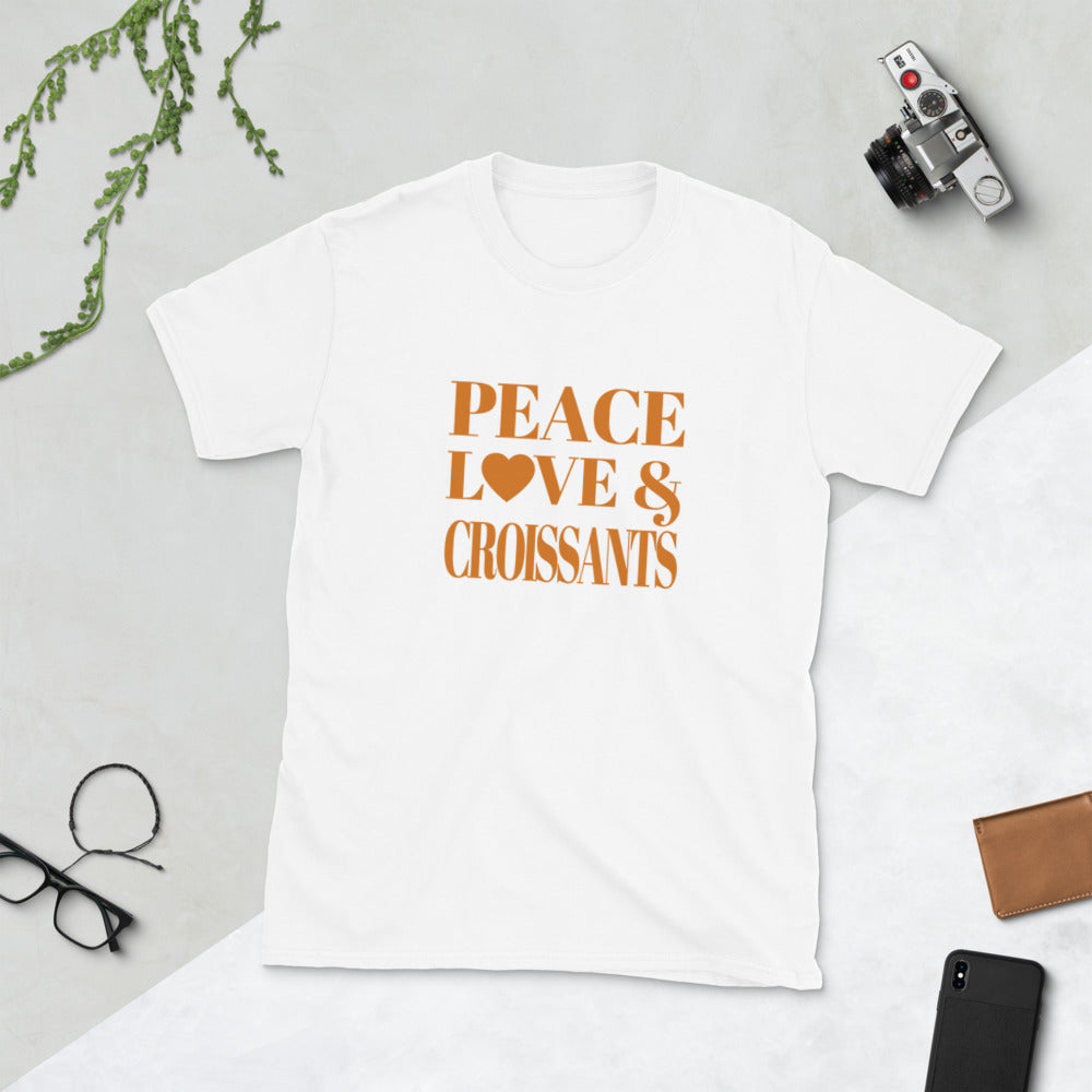 "Peace, Love & Croissants" Short-Sleeve Unisex T-Shirt