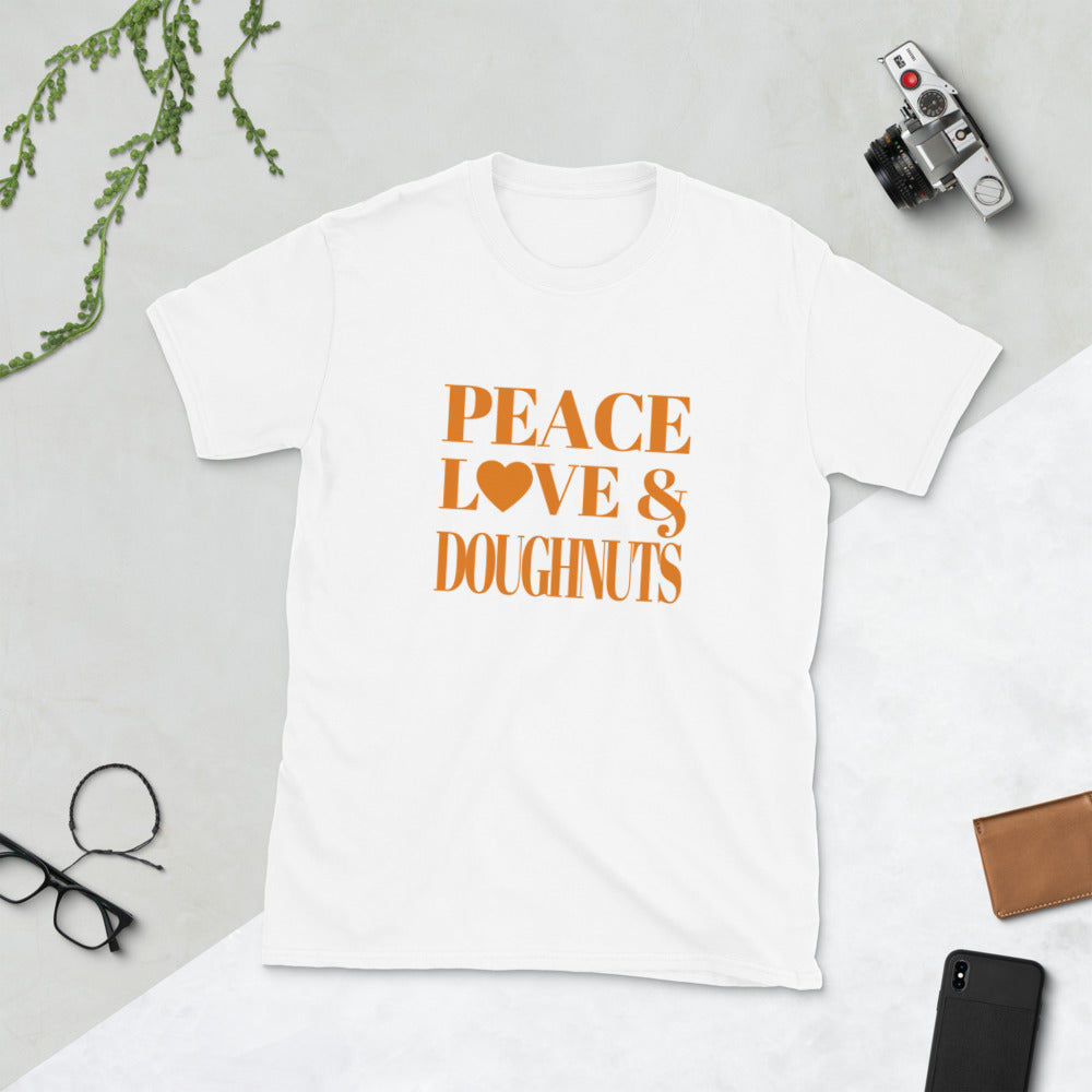 Peace, Love & Doughnuts" Short-Sleeve Unisex T-Shirt