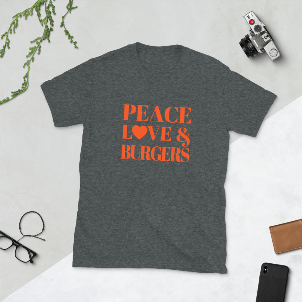 "Peace, Love & Burgers" Short-Sleeve Unisex T-Shirt