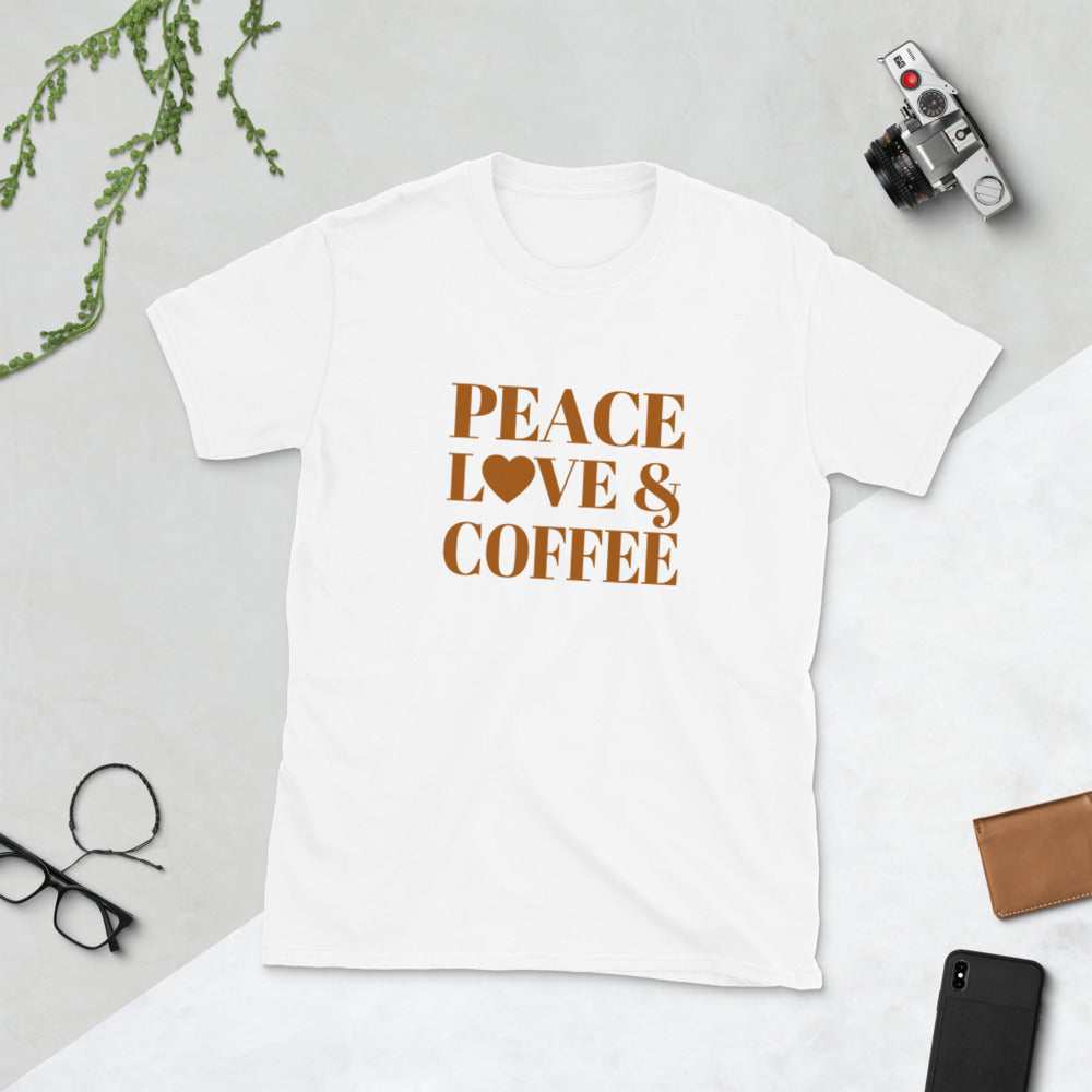 "Peace, Love & Coffee" Short-Sleeve Unisex T-Shirt